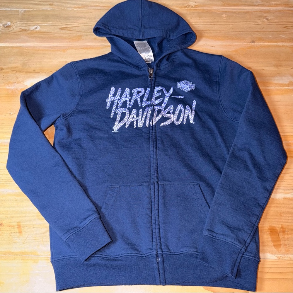 Harley-Davidson Girls Zip Hoodie Blue Leopard Logo Graphic Sweatshirt Size 14Y‎
